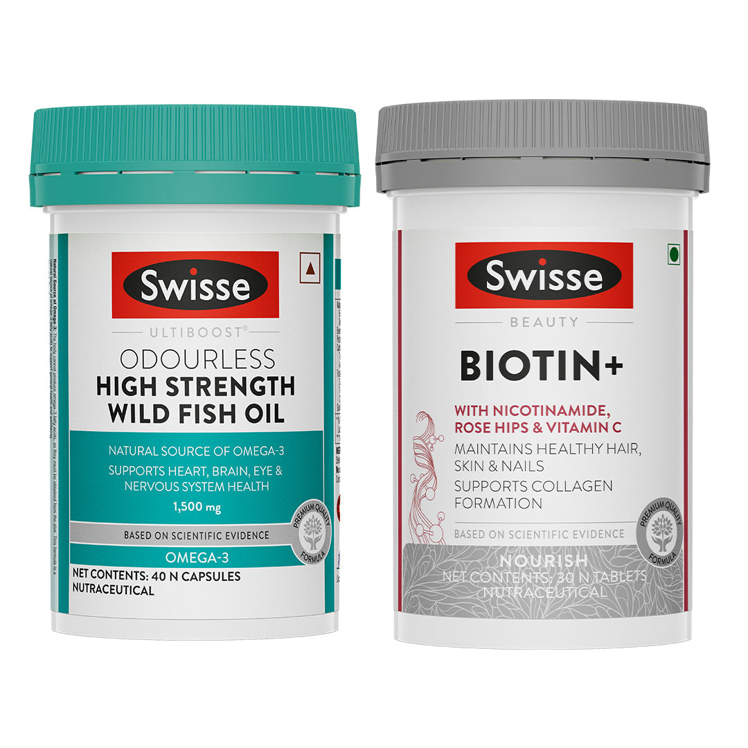 Swisse Fish Oil Omega 3 - 1500mg (40 Tablets) & Biotin+ Biotin Tablets (30 Tablets) Combo