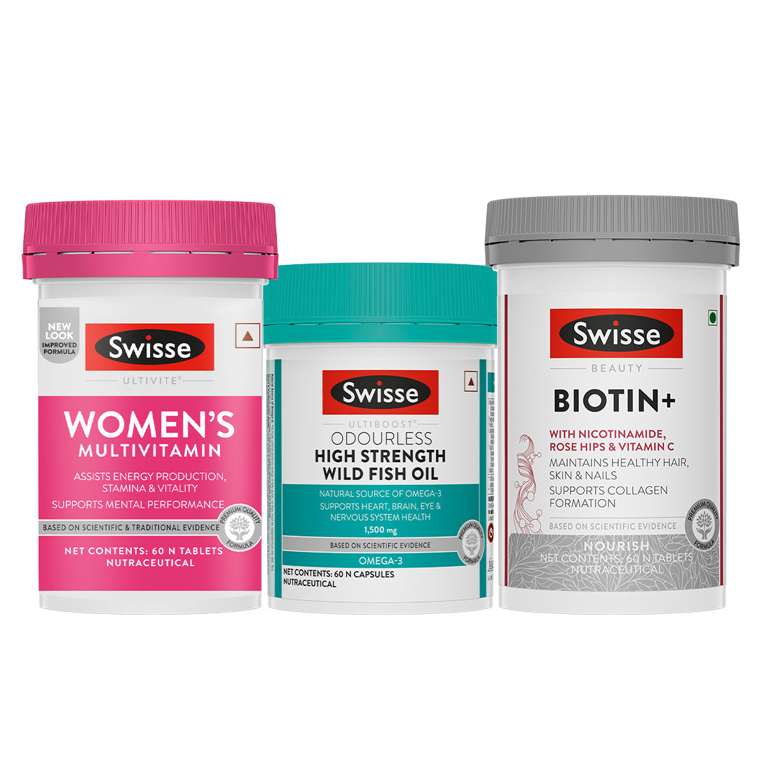 Swisse Fish Oil Omega 3 - 1500mg (60 Tablets) & Multivitamin for Women (60 Tablets) & Swisse Biotin+ Biotin Tablets_60 Tablets Combo