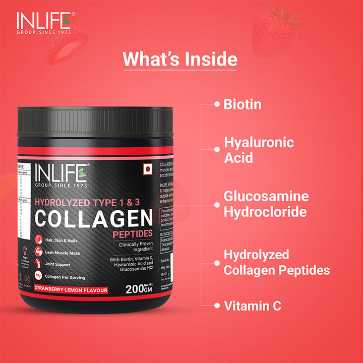 INLIFE Hydrolysed Collagen Peptides with Biotin, Hyaluronic Acid & Glucosamine HCl, 200g