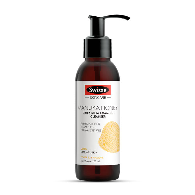 Swisse Skincare Manuka Honey Daily Glow Foaming Cleanser Face Wash for Glowing Skin with Vitamin C and Papaya Enzymes - 120 ml (Normal Skin)