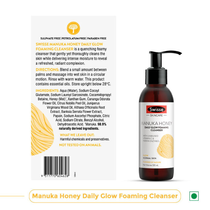 Swisse Skincare Manuka Honey Daily Glow Foaming Cleanser Face Wash for Glowing Skin with Vitamin C and Papaya Enzymes - 120 ml (Normal Skin)