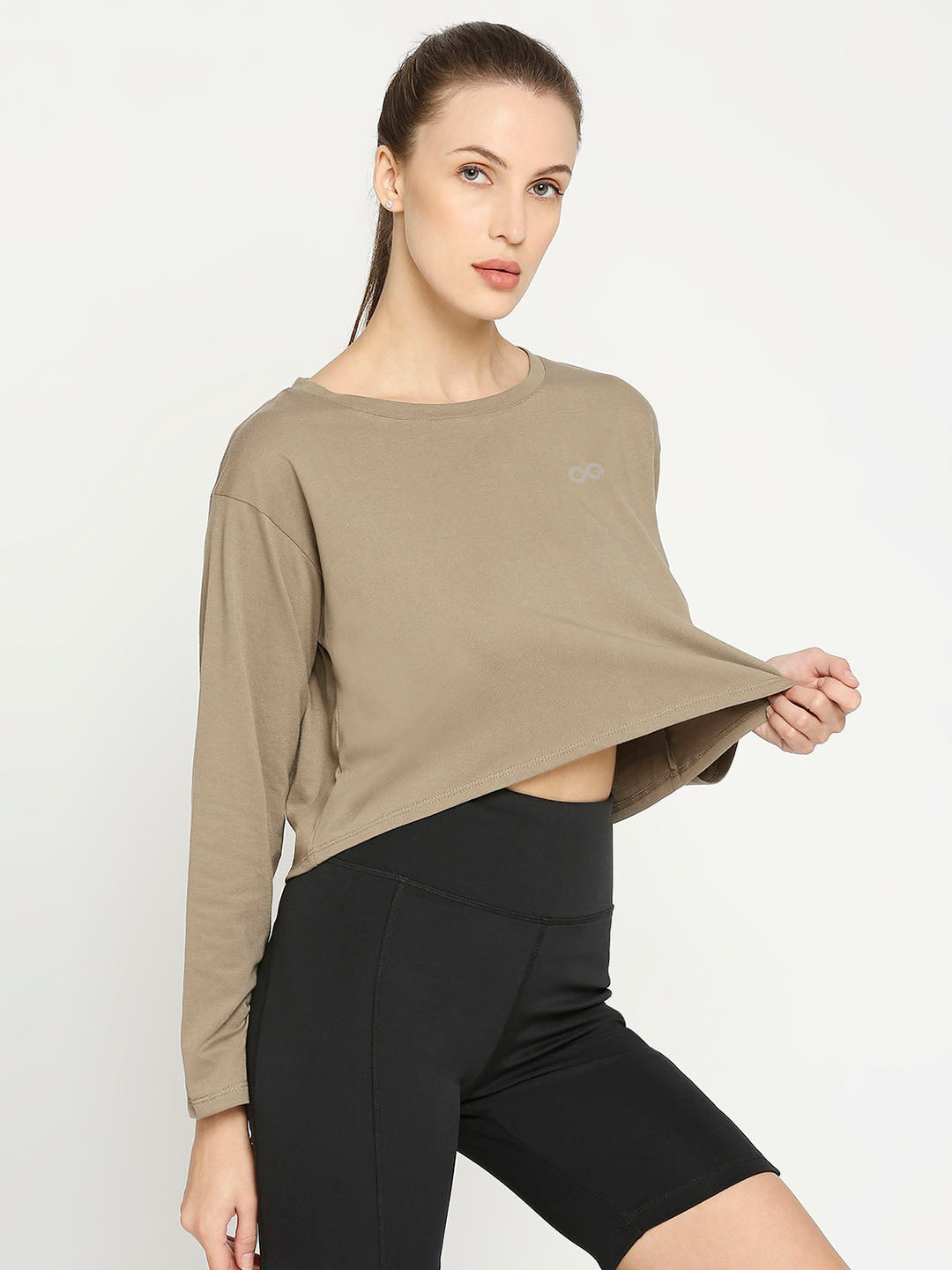 Women's Long Sleeves Sports Cropped T-Shirt - Mud Brown