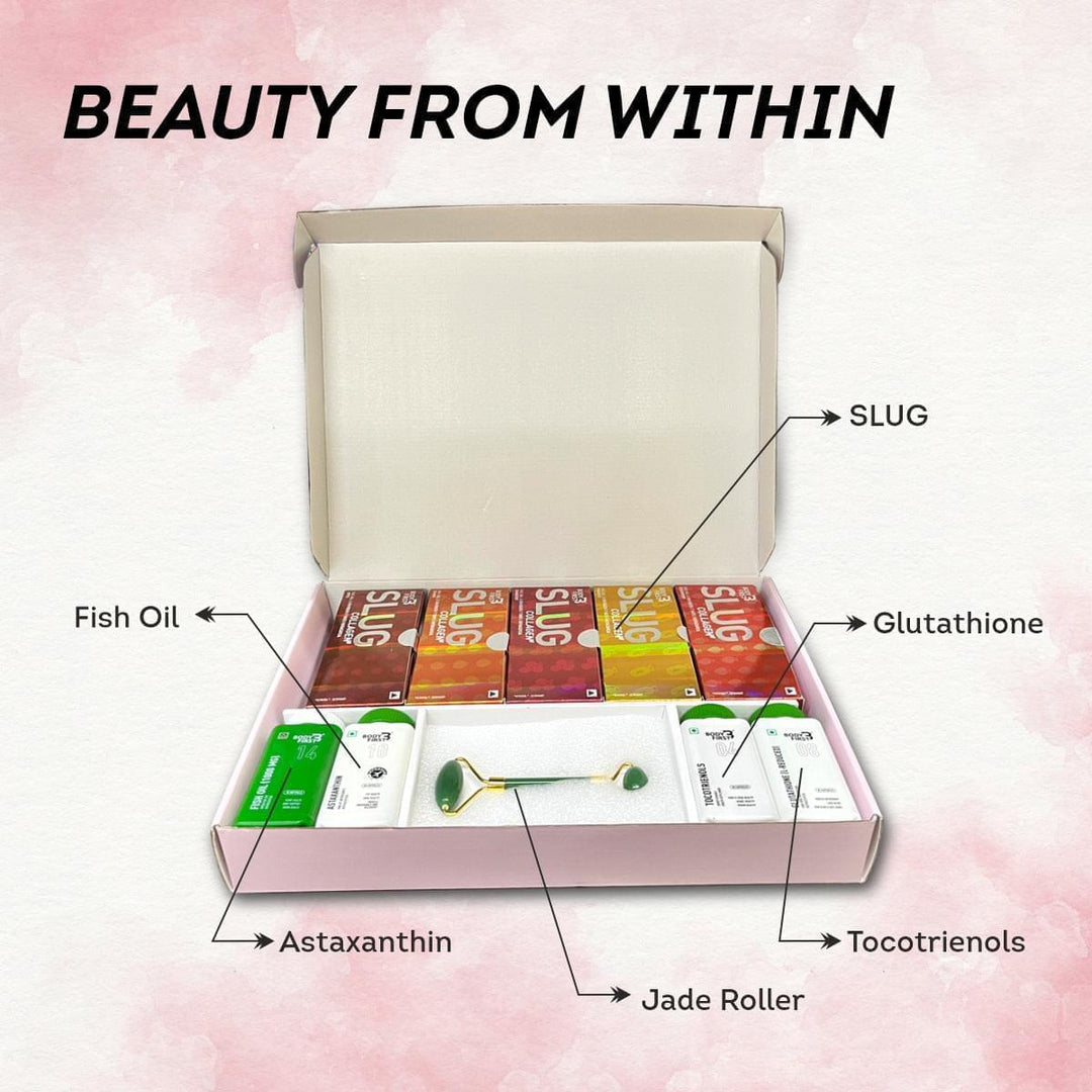 Beauty From Within contains 5 flavours of Collagen Slug + Glutathione + Astaxanthin + Tocotrienol + Fish Oil with Jade Roller FREE